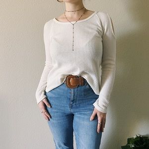 Cutout Cream Waffle Sweater